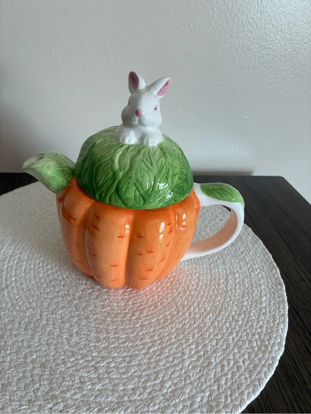 Ceramic Orange Pumpkin Teapot with Green Leaf Lid and White Bunny